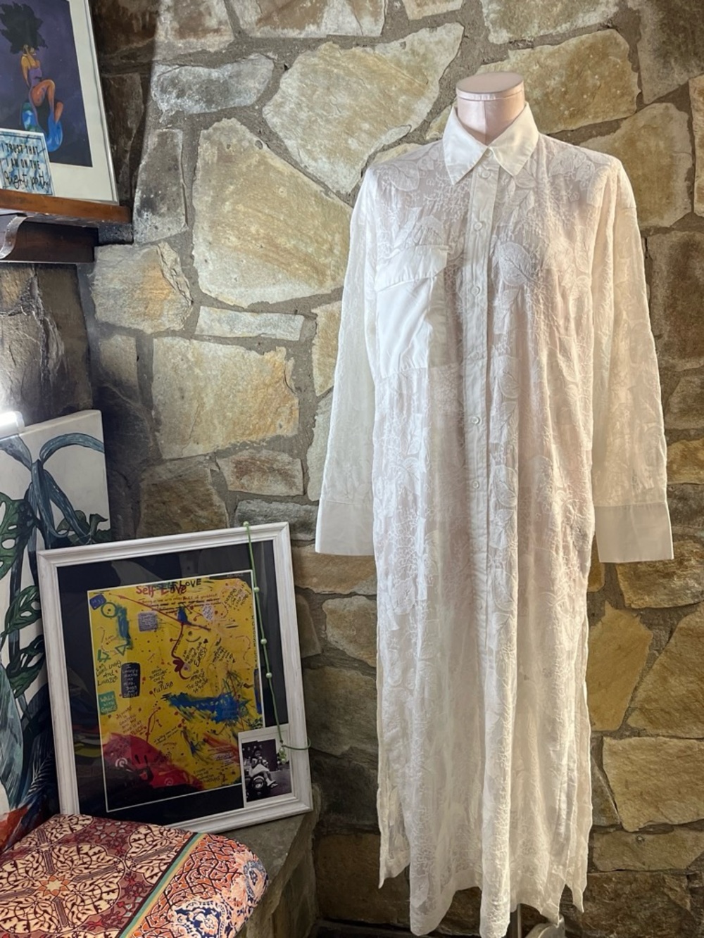 Zara White Embroidered Maxi Shirt Dress / Duster | Size M